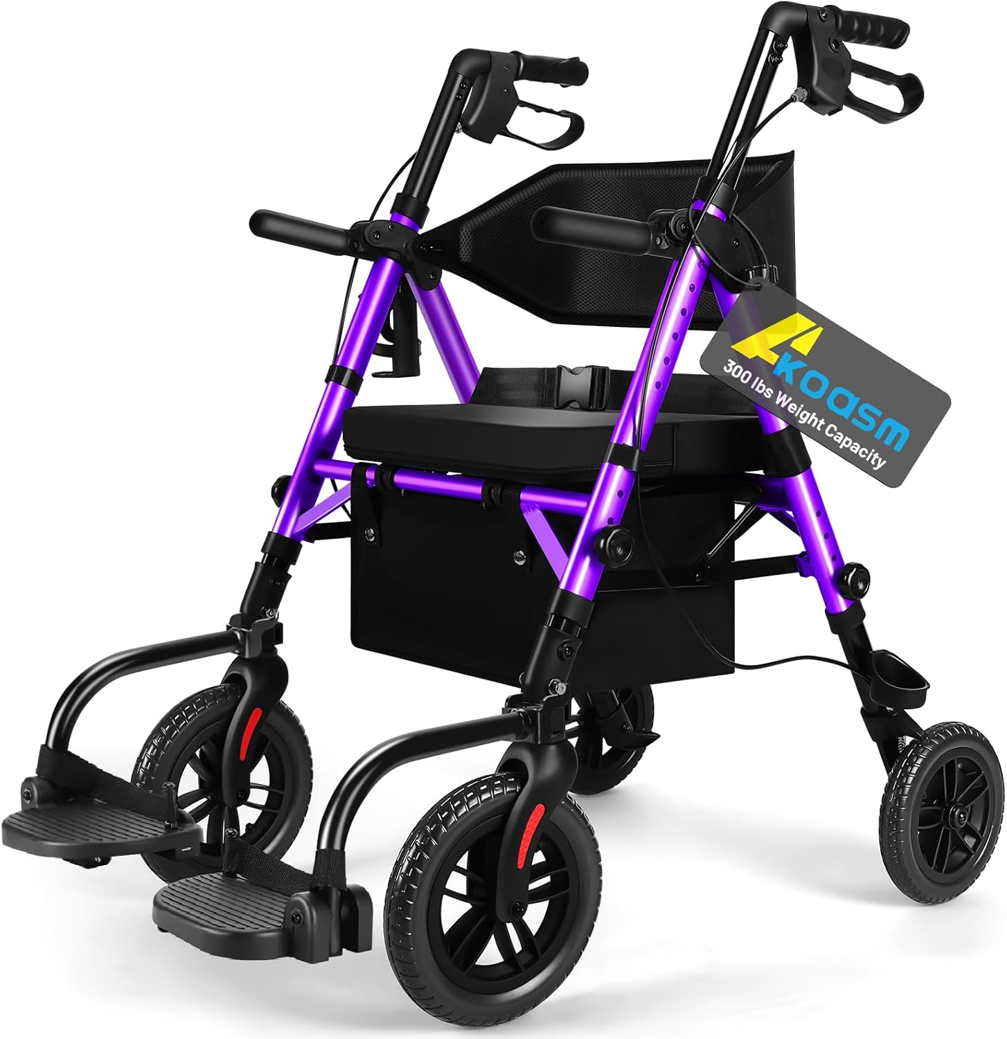 Rollator 2 en 1 de AKOASM en morado — se convierte de andador con ruedas a silla de transporte volteando el respaldo, con capacidad para 300 libras