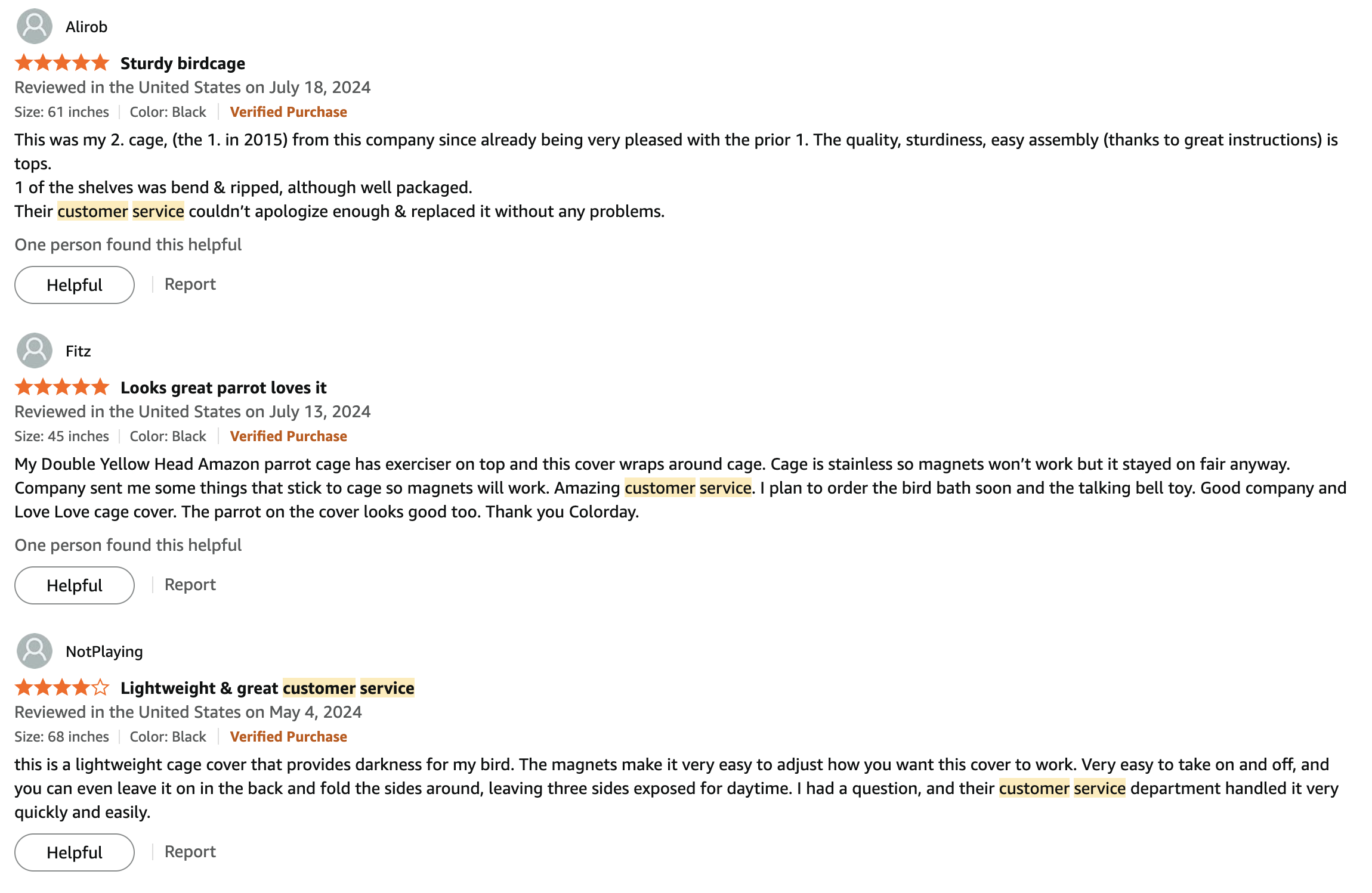 Amazon customer reviews highlighting Colorday's excellent customer service — reviewers specifically mention fast replacements, amazing customer service, and quick issue resolution