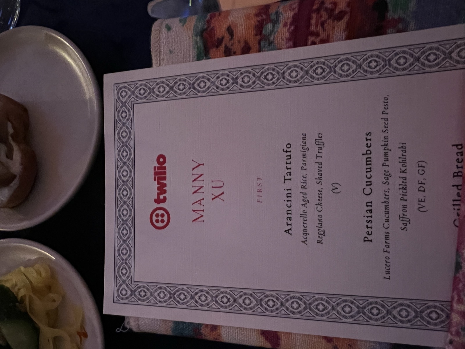 Twilio Signal 2025 VIP dinner — personalized menu card for Manny Xu